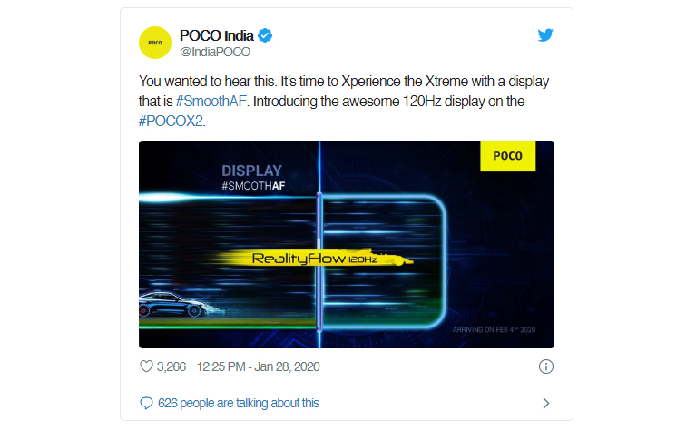 POCO India tweets on POCO X2